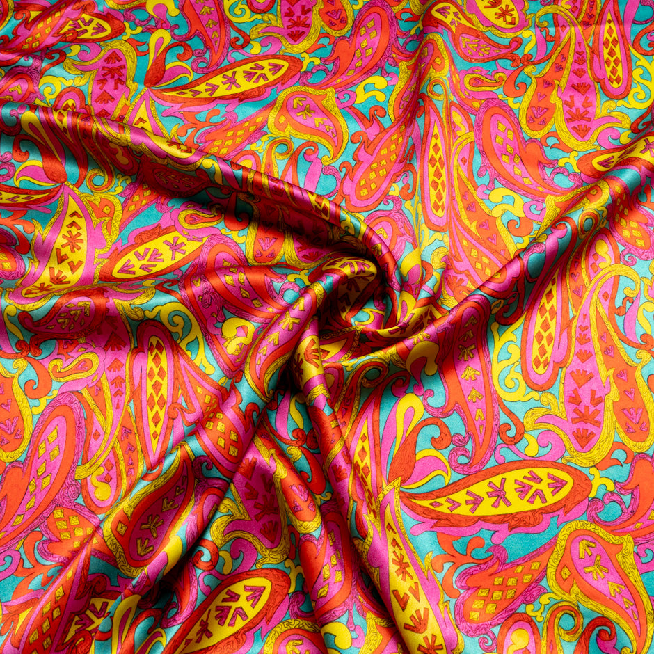 Ruby Red, Pink & Yellow Paisley Silk Satin