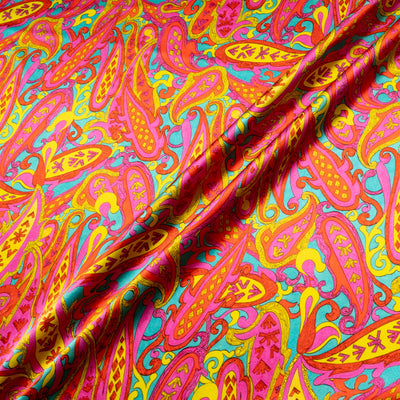 Ruby Red, Pink & Yellow Paisley Silk Satin
