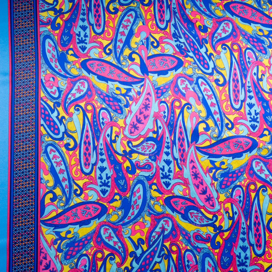 Cerise, Chartreuse & Blue Paisley Silk Satin
