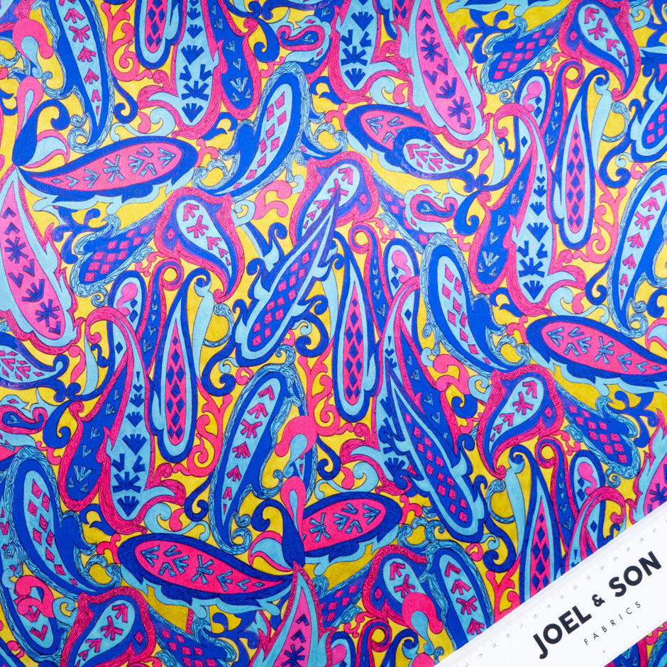 Cerise, Chartreuse & Blue Paisley Silk Satin
