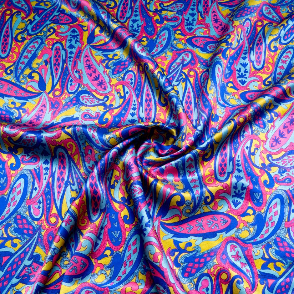 Cerise, Chartreuse & Blue Paisley Silk Satin