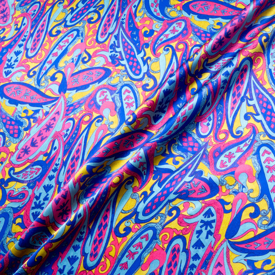 Cerise, Chartreuse & Blue Paisley Silk Satin