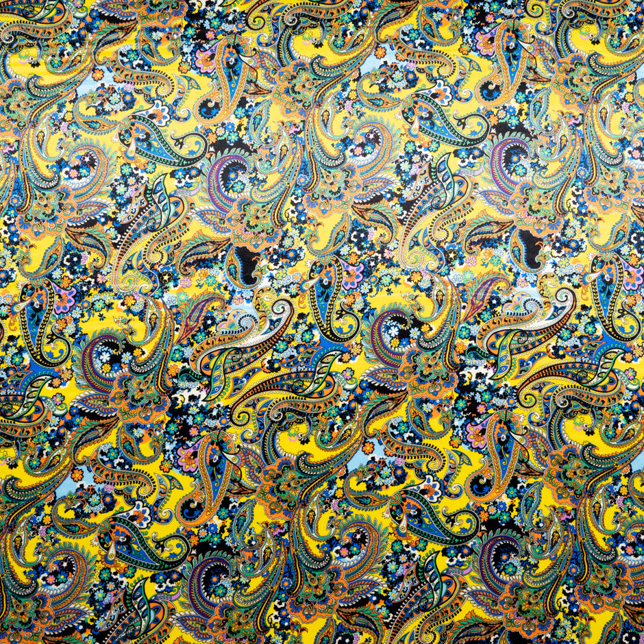 Multi Paisley Printed Yellow Silk Satin