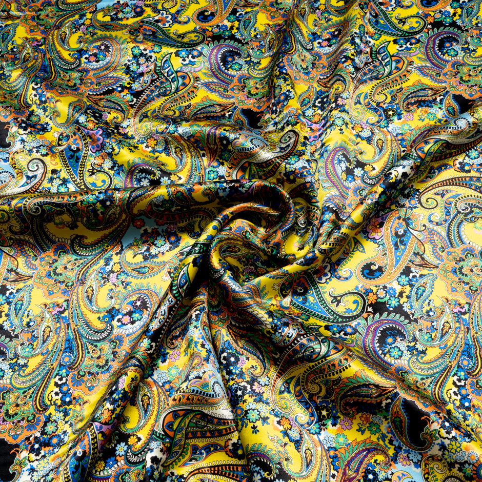 Multi Paisley Printed Yellow Silk Satin