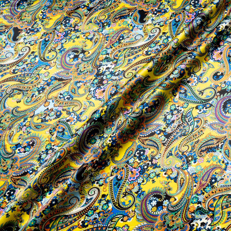 Multi Paisley Printed Yellow Silk Satin