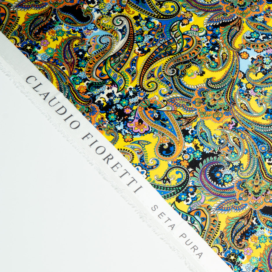 Multi Paisley Printed Yellow Silk Satin
