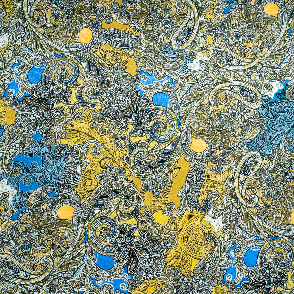 Yellow & Bright Blue Paisley Printed Silk Jacquard