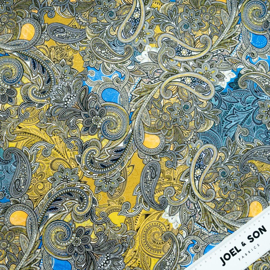 Yellow & Bright Blue Paisley Printed Silk Jacquard