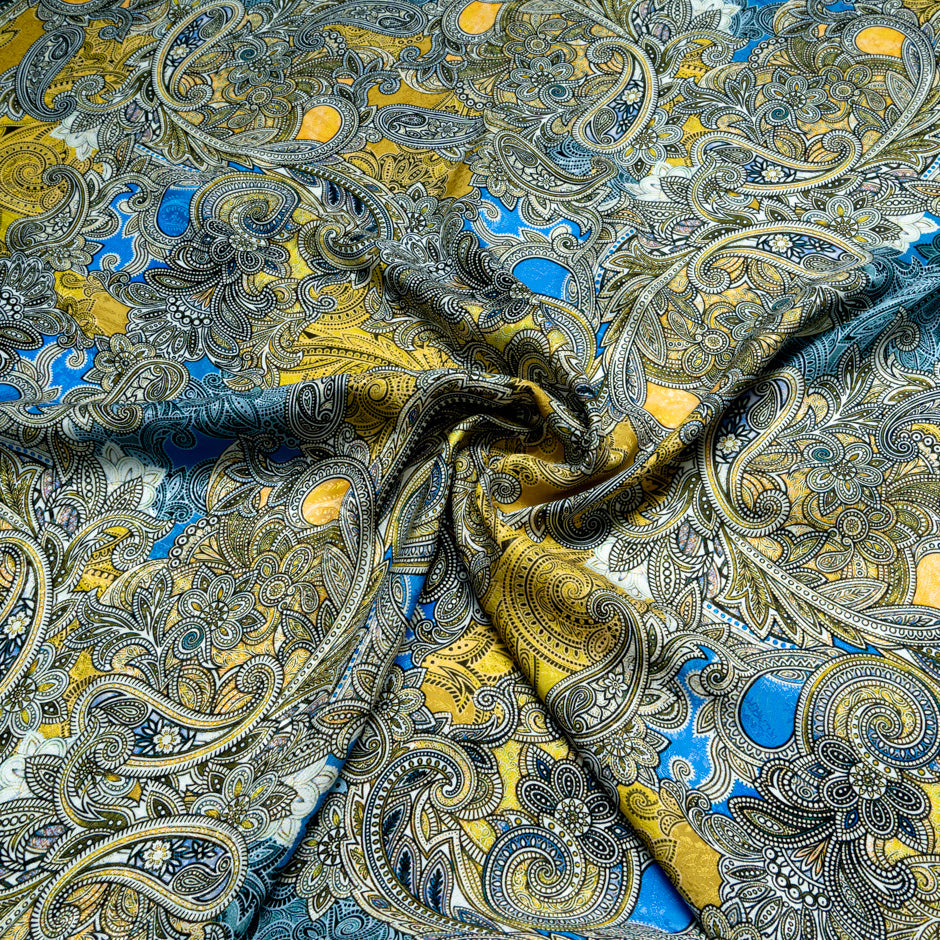 Yellow & Bright Blue Paisley Printed Silk Jacquard