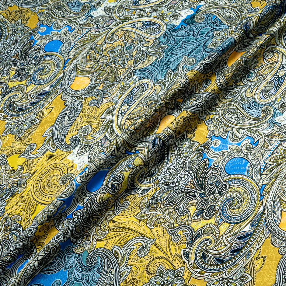 Yellow & Bright Blue Paisley Printed Silk Jacquard