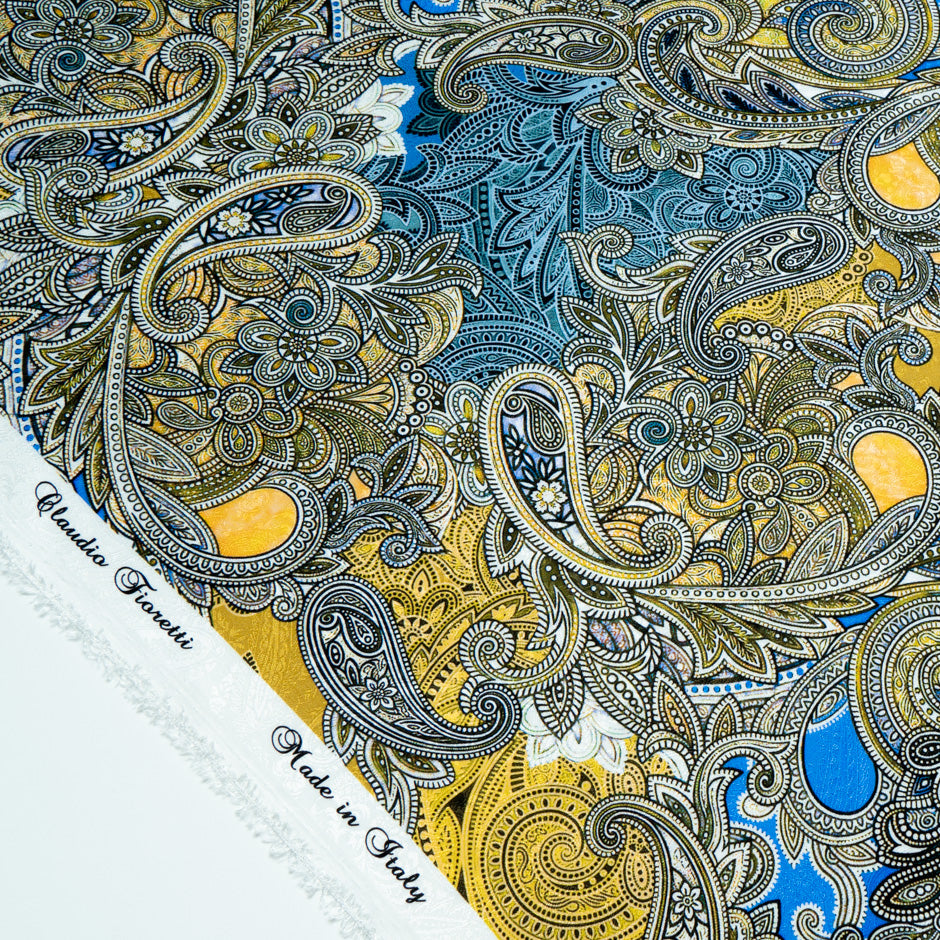 Yellow & Bright Blue Paisley Printed Silk Jacquard