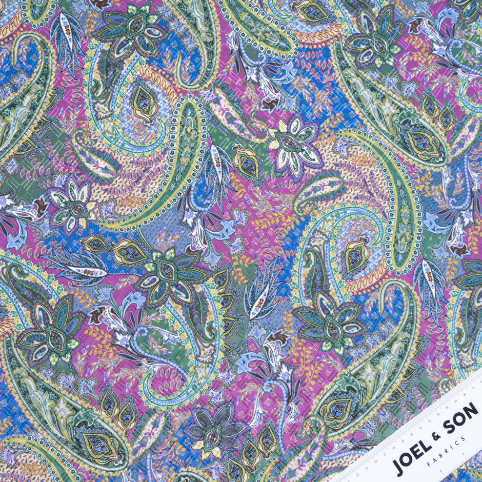 Pink, Yellow & Blue Paisley Printed Pure Silk Jacquard