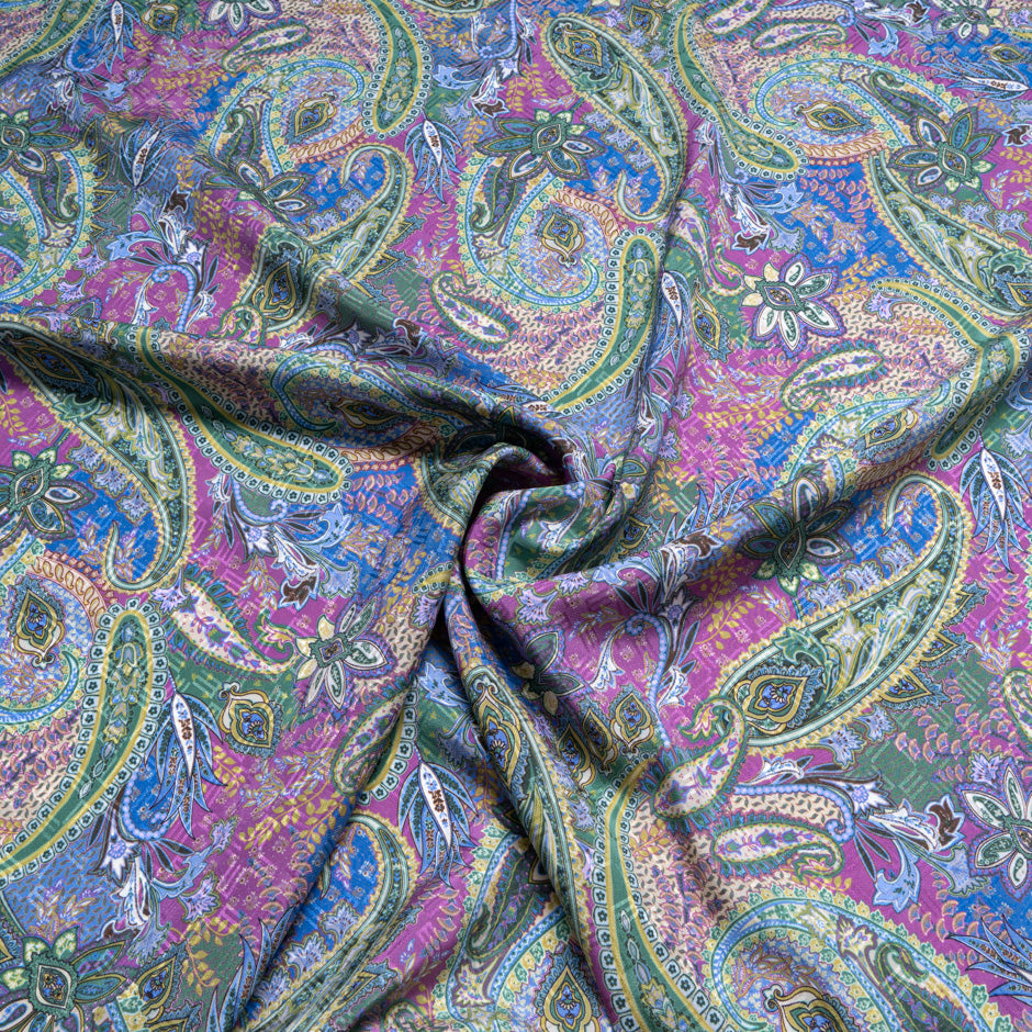 Pink, Yellow & Blue Paisley Printed Pure Silk Jacquard