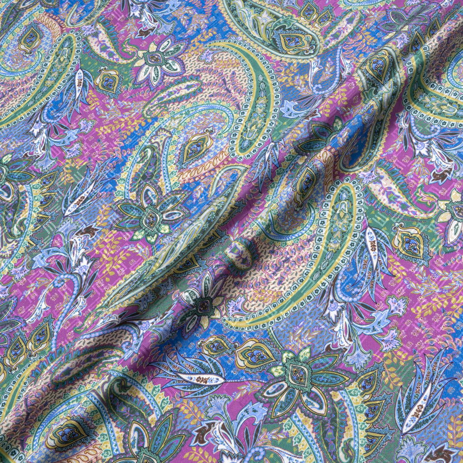 Pink, Yellow & Blue Paisley Printed Pure Silk Jacquard
