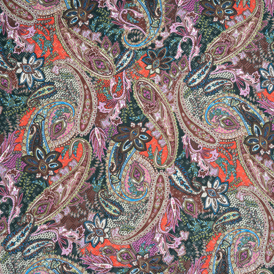 Red, Pink & Brown Paisley Printed Pure Silk Jacquard