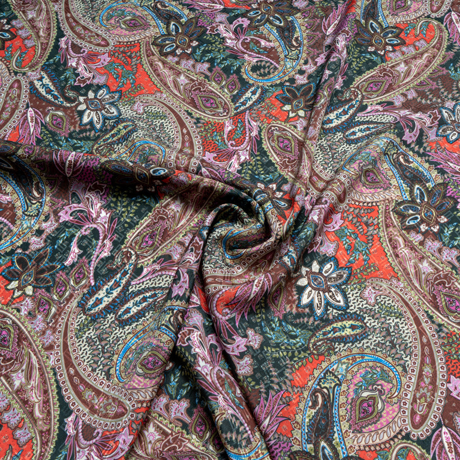 Red, Pink & Brown Paisley Printed Pure Silk Jacquard