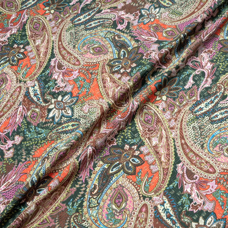 Red, Pink & Brown Paisley Printed Pure Silk Jacquard