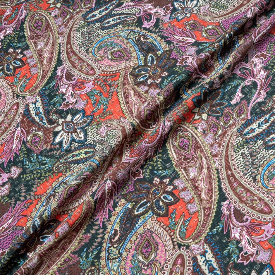 Red, Pink & Brown Paisley Printed Pure Silk Jacquard