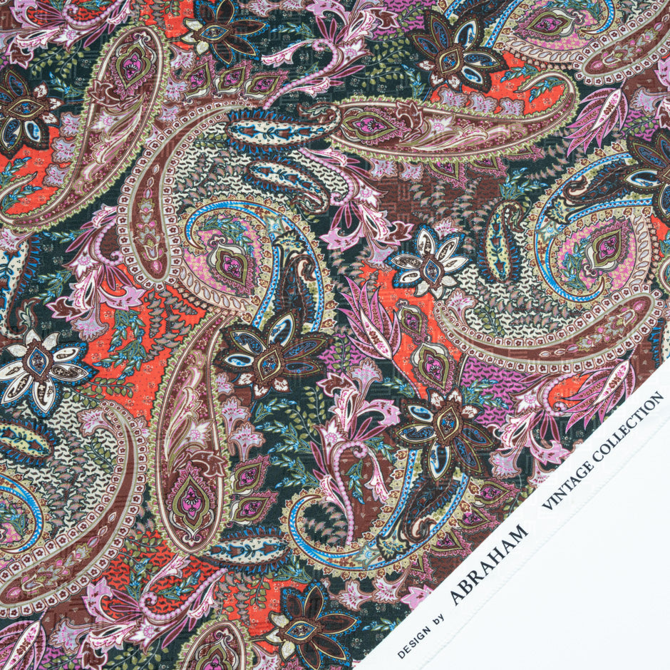Red, Pink & Brown Paisley Printed Pure Silk Jacquard
