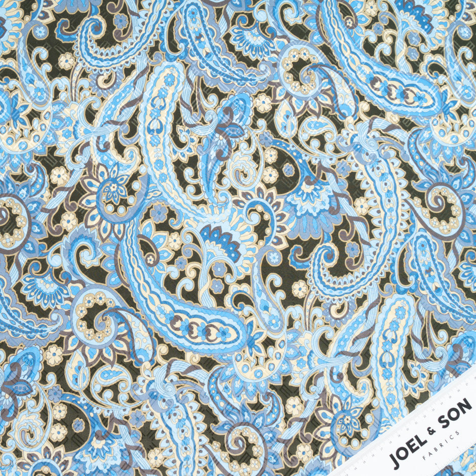 Sky Blue & Dark Green Paisley Printed Silk Jacquard