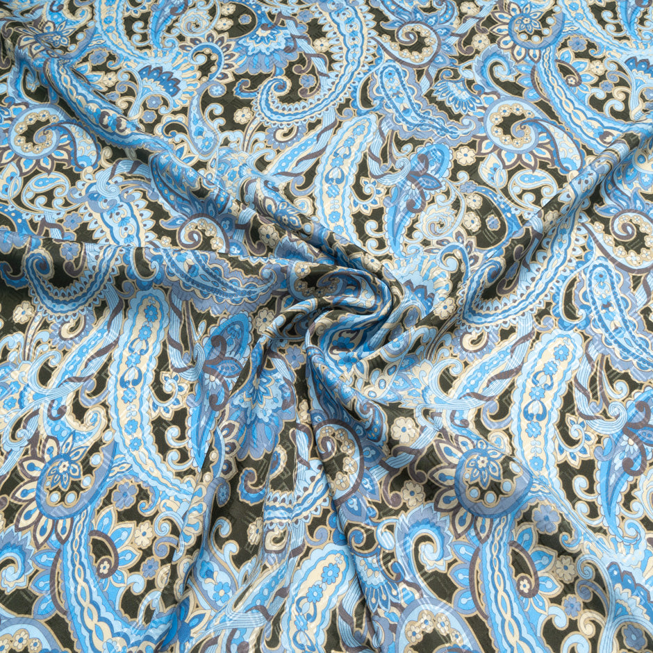 Sky Blue & Dark Green Paisley Printed Silk Jacquard