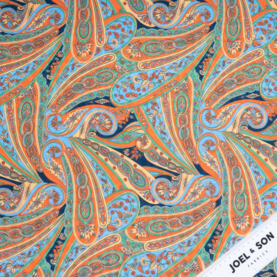 Orange & Navy Paisley Printed Silk Jacquard