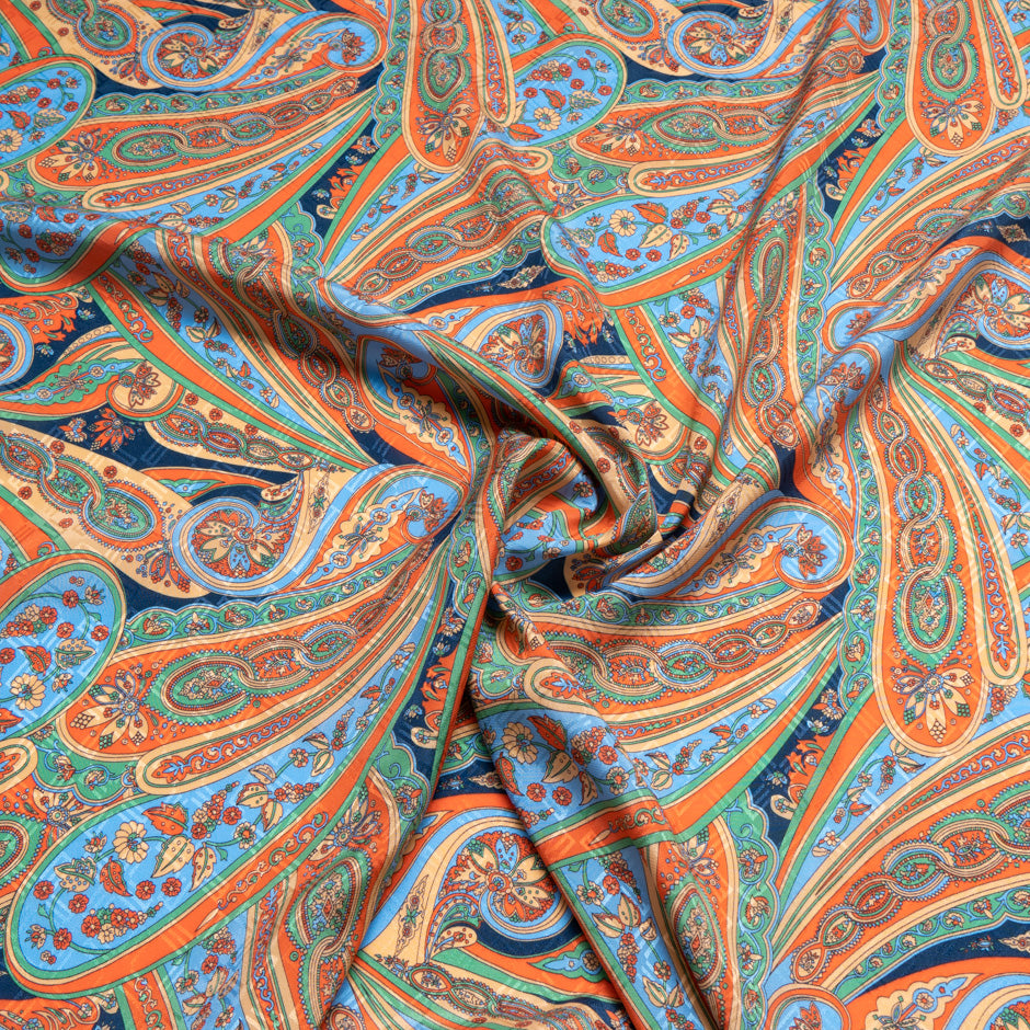 Orange & Navy Paisley Printed Silk Jacquard