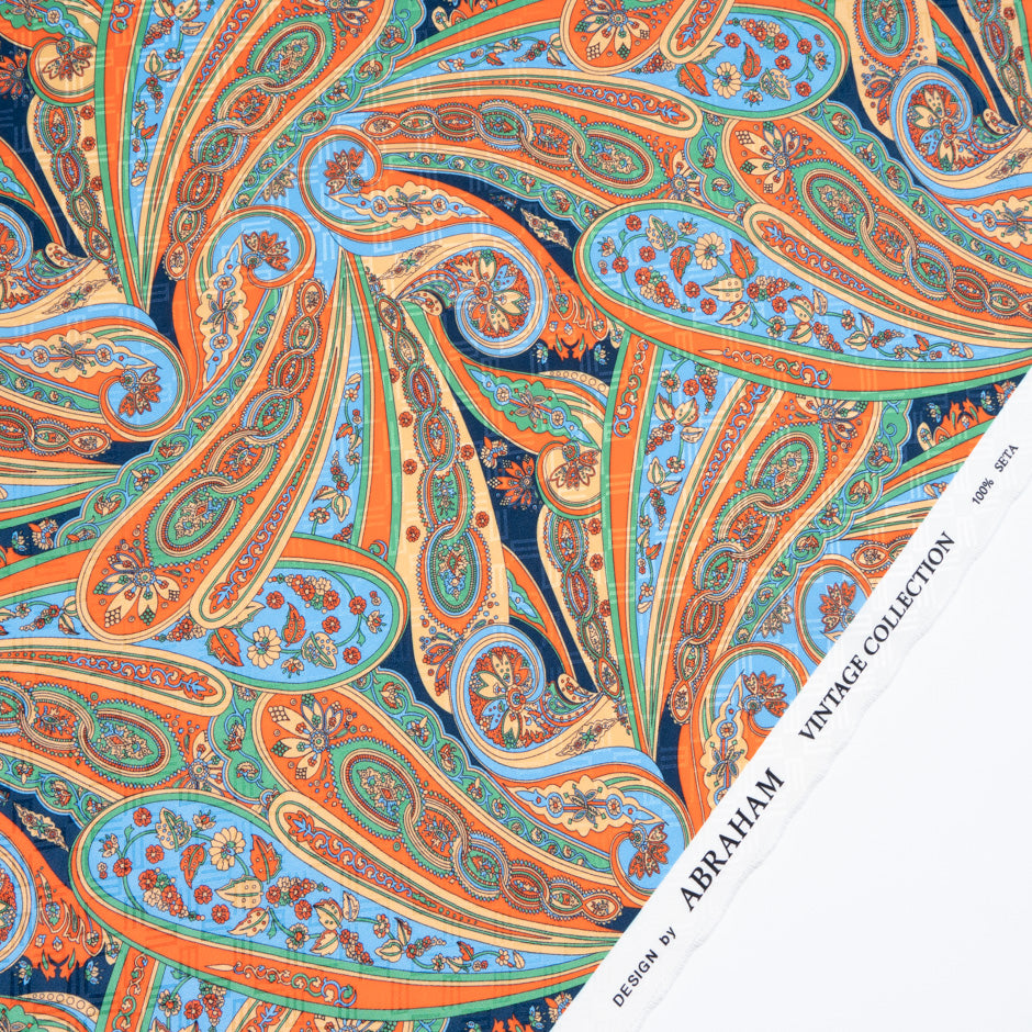 Orange & Navy Paisley Printed Silk Jacquard