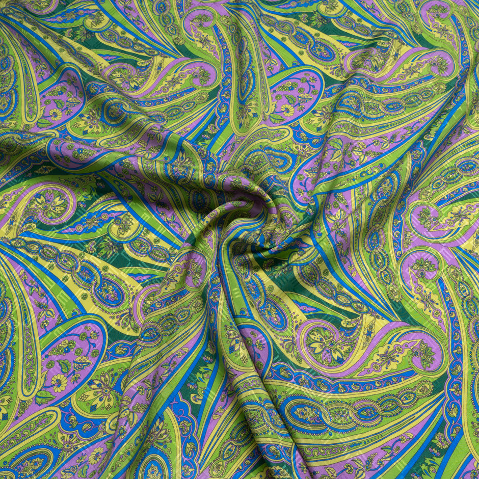 Lime Green & Purple Paisley Printed Silk Jacquard