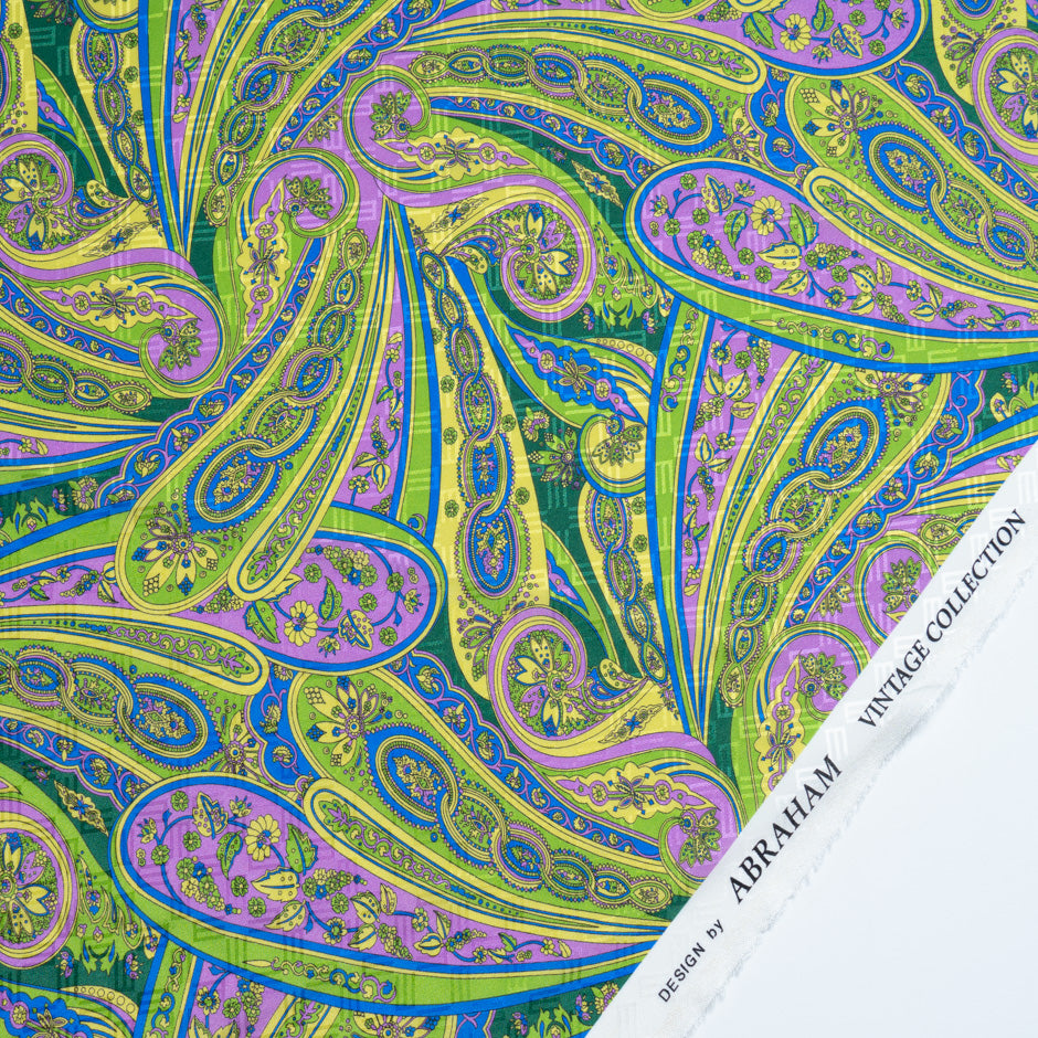 Lime Green & Purple Paisley Printed Silk Jacquard