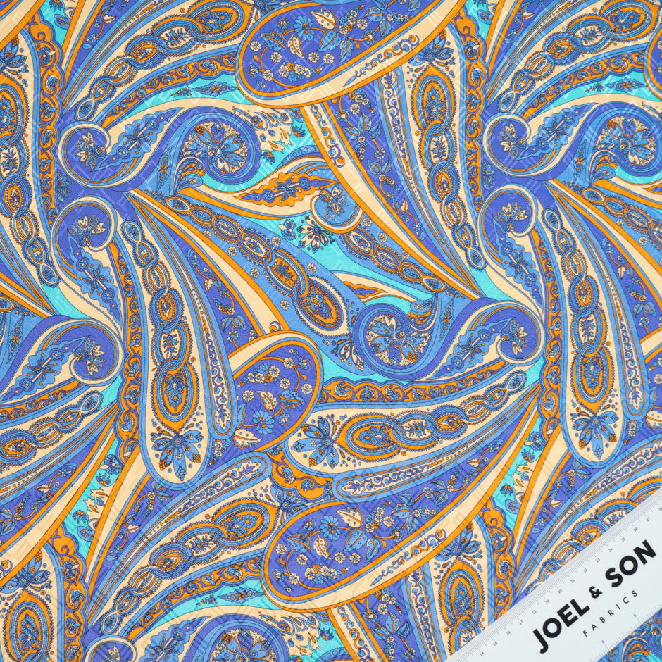 Periwinkle & Orange Paisley Printed Silk Jacquard