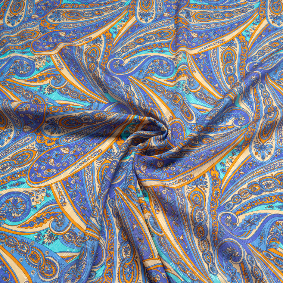 Periwinkle & Orange Paisley Printed Silk Jacquard