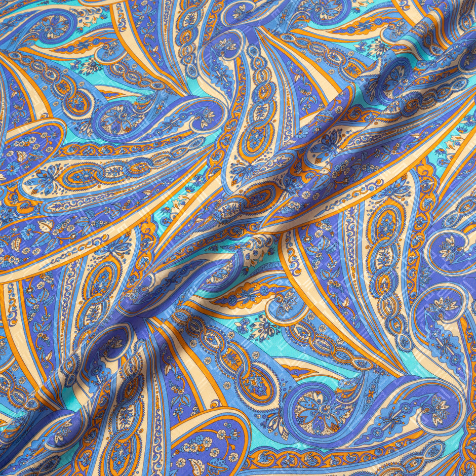 Periwinkle & Orange Paisley Printed Silk Jacquard