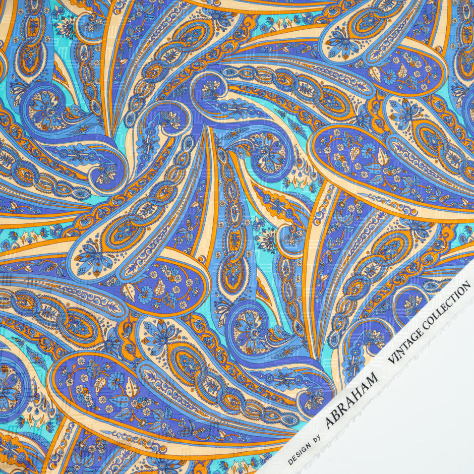 Periwinkle & Orange Paisley Printed Silk Jacquard