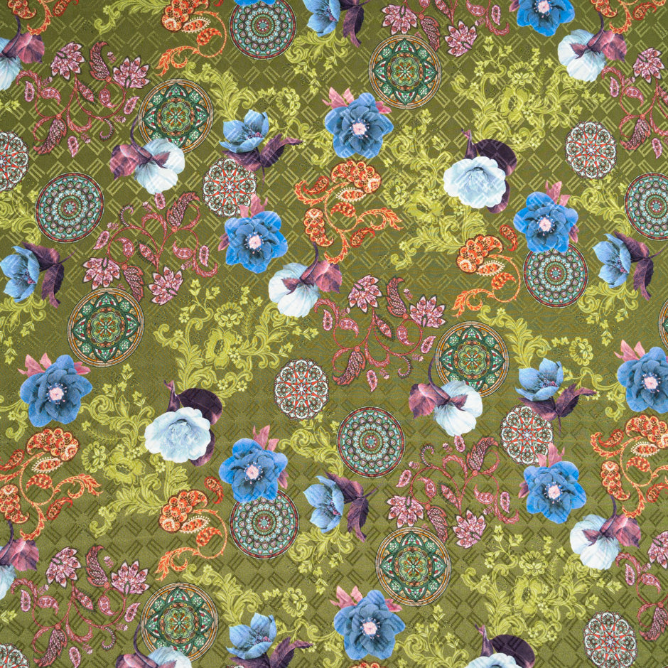 Floral Printed Khaki Green Silk Jacquard