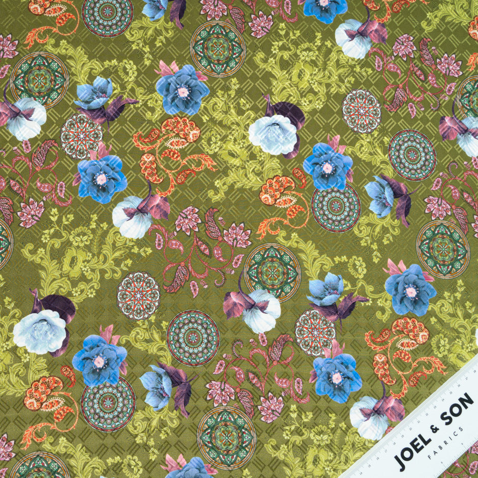 Floral Printed Khaki Green Silk Jacquard