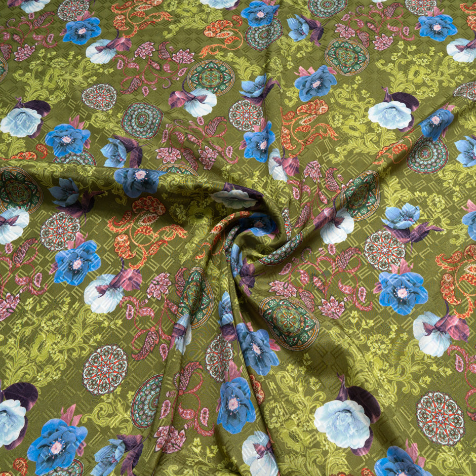 Floral Printed Khaki Green Silk Jacquard