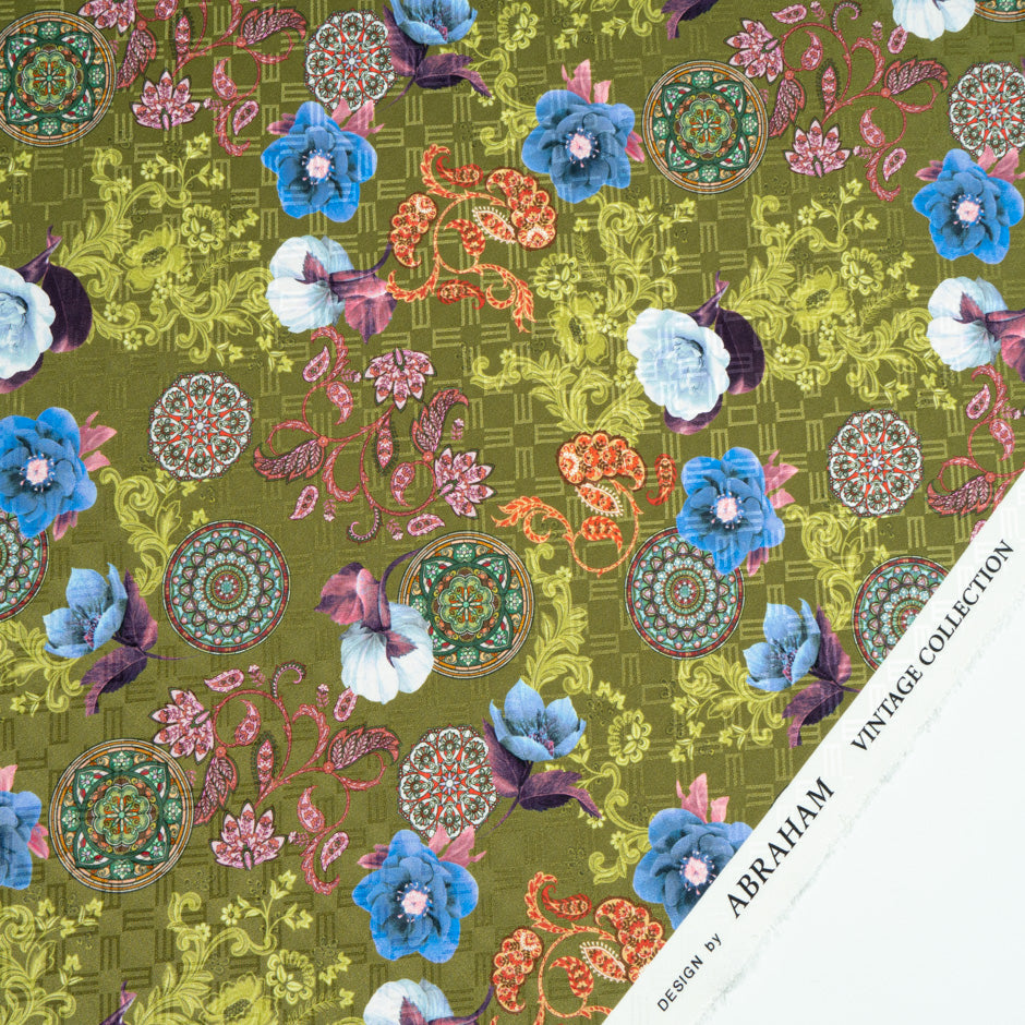 Floral Printed Khaki Green Silk Jacquard