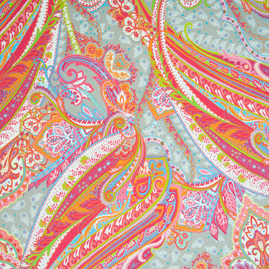 Bright Pink & Orange Paisley Printed Silk Crêpe de Chine