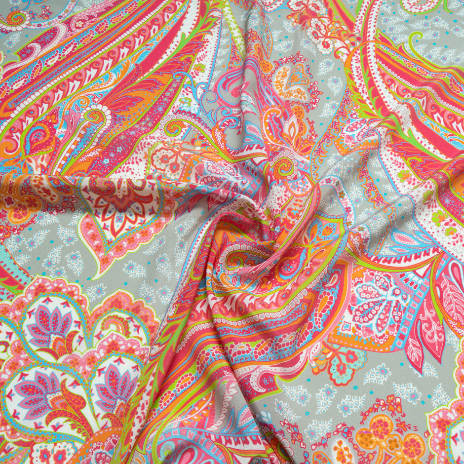 Bright Pink & Orange Paisley Printed Silk Crêpe de Chine
