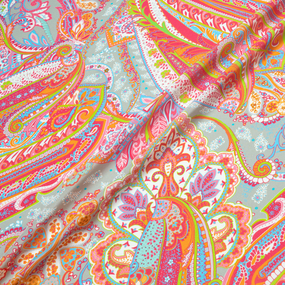 Bright Pink & Orange Paisley Printed Silk Crêpe de Chine