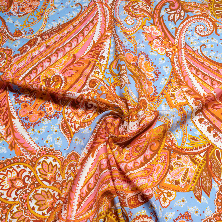 Deep Pink & Orange Paisley Printed Silk Crêpe de Chine