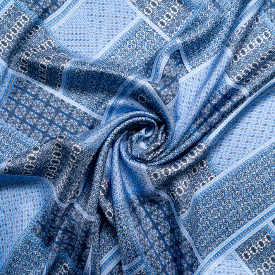 Blue Patchwork Printed Silk Blend Twill