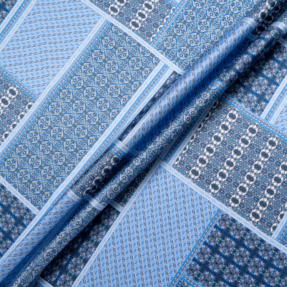 Blue Patchwork Printed Silk Blend Twill