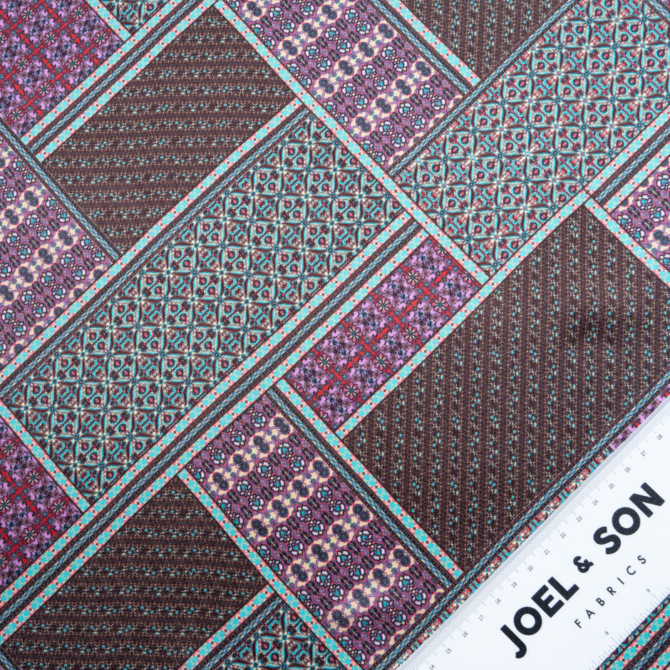 Brown & Pink Patchwork Printed Silk Blend Twill