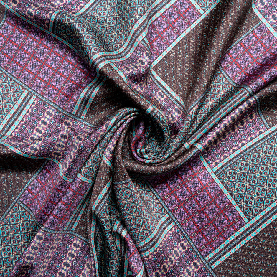 Brown & Pink Patchwork Printed Silk Blend Twill