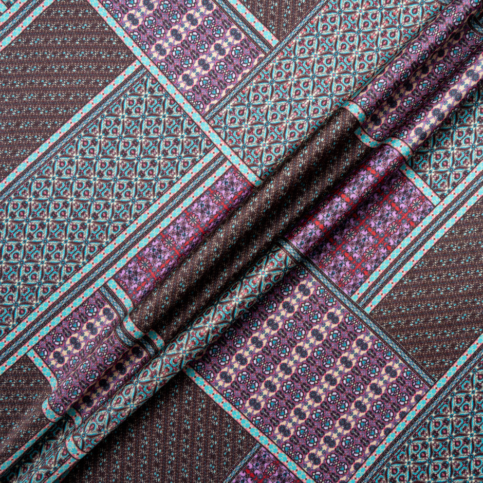 Brown & Pink Patchwork Printed Silk Blend Twill