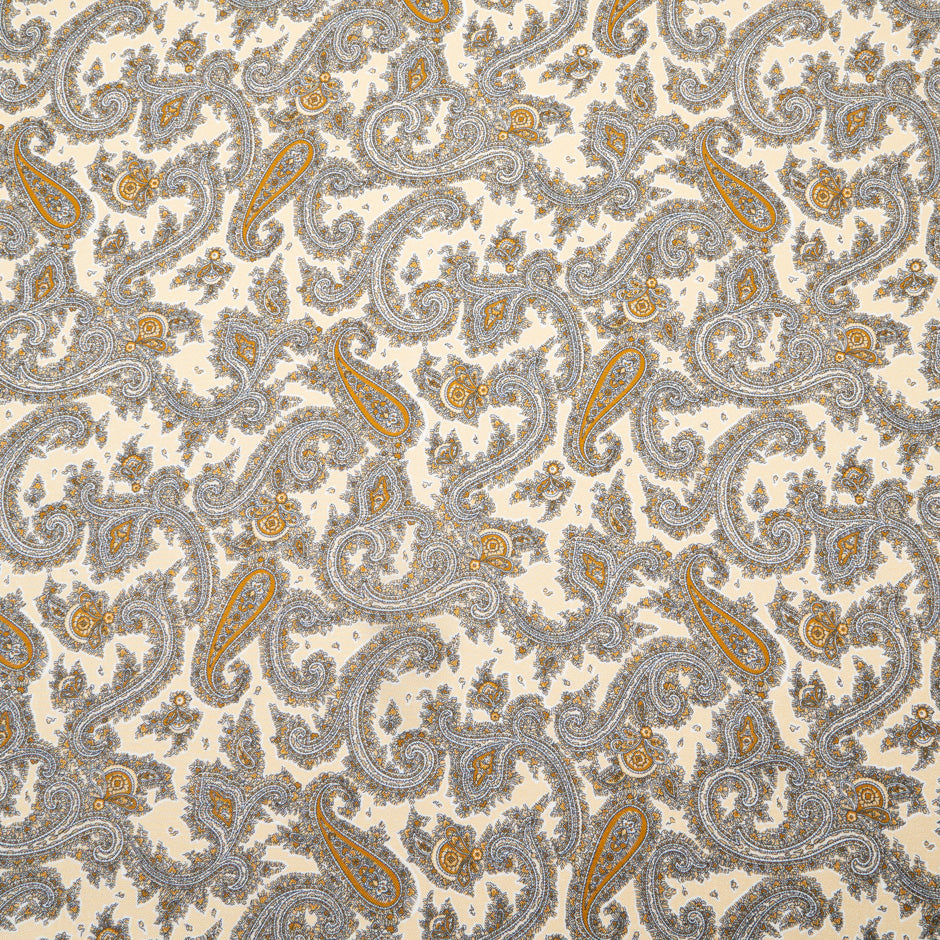 Midnight & Beige Paisley Printed Silk Blend Twill