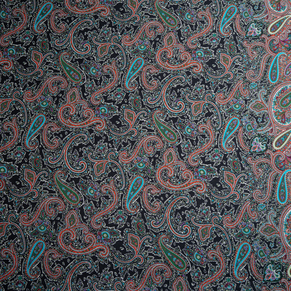 Midnight & Beige Paisley Printed Silk Blend Twill