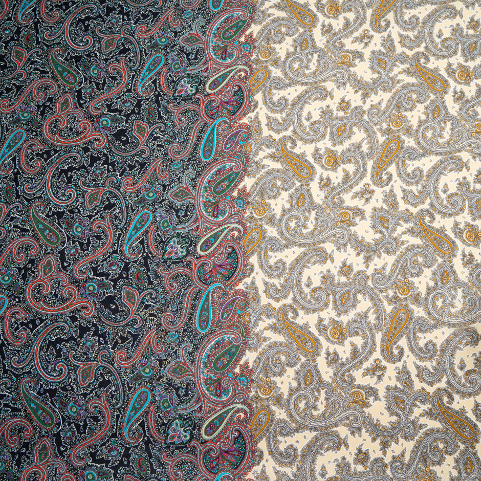 Midnight & Beige Paisley Printed Silk Blend Twill